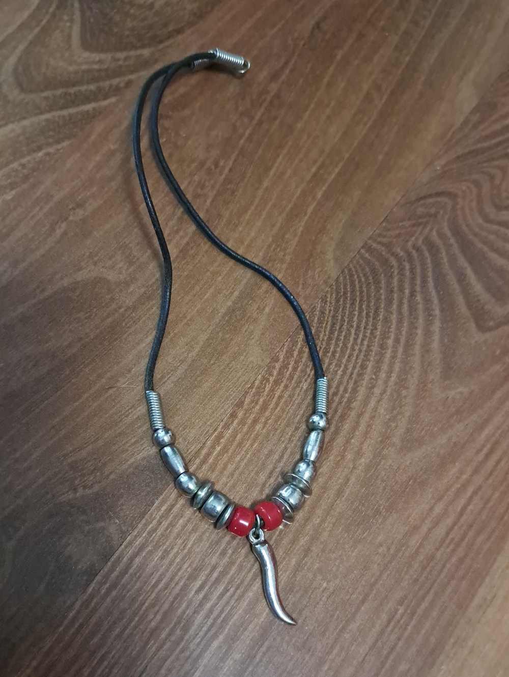 Leather Cord Necklace with Red Accent Beads and Silver Horn Pendant
